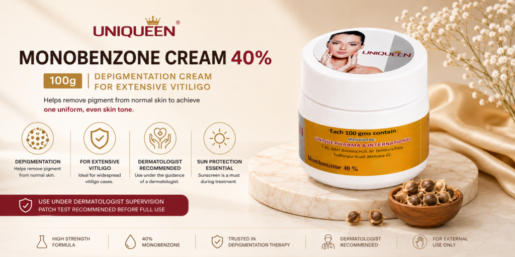 Uniqueen Monobenzone Cream 40% 100g for extensive vitiligo depigmentation therapy with product jar on a clean medical banner.