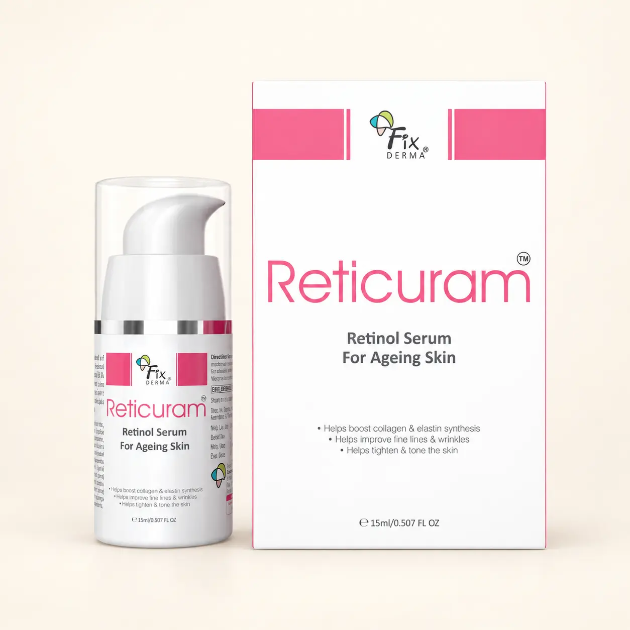 Fixderma Reticuram retinol serum 15ml pump bottle next to its pink and white box