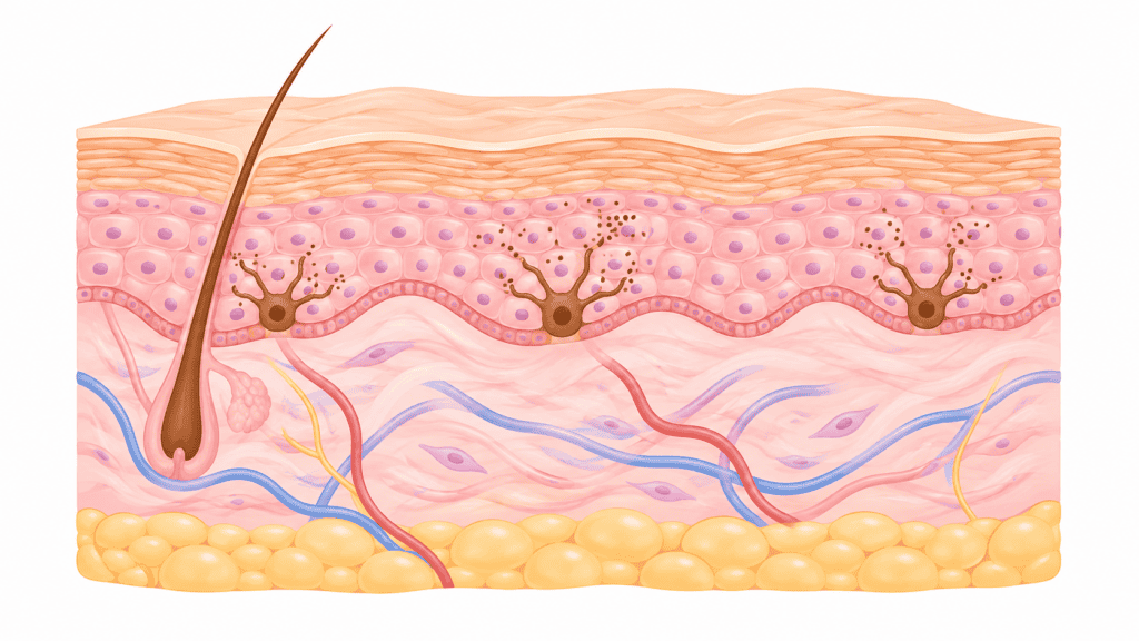 Simplified diagram of skin layers showing pigment-producing melanocytes