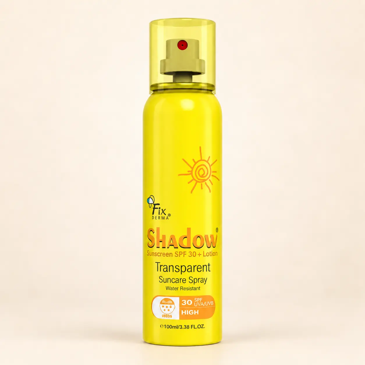 Fixderma Shadow SPF 30+ transparent sunscreen spray, 100ml yellow bottle