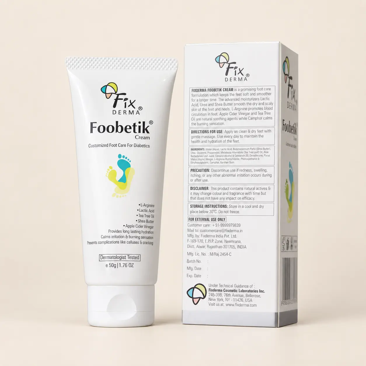 Fixderma Foobetik Cream 50g tube beside its carton