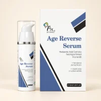 Fixderma Age Reverse Serum 30ml pump bottle beside its blue and white carton