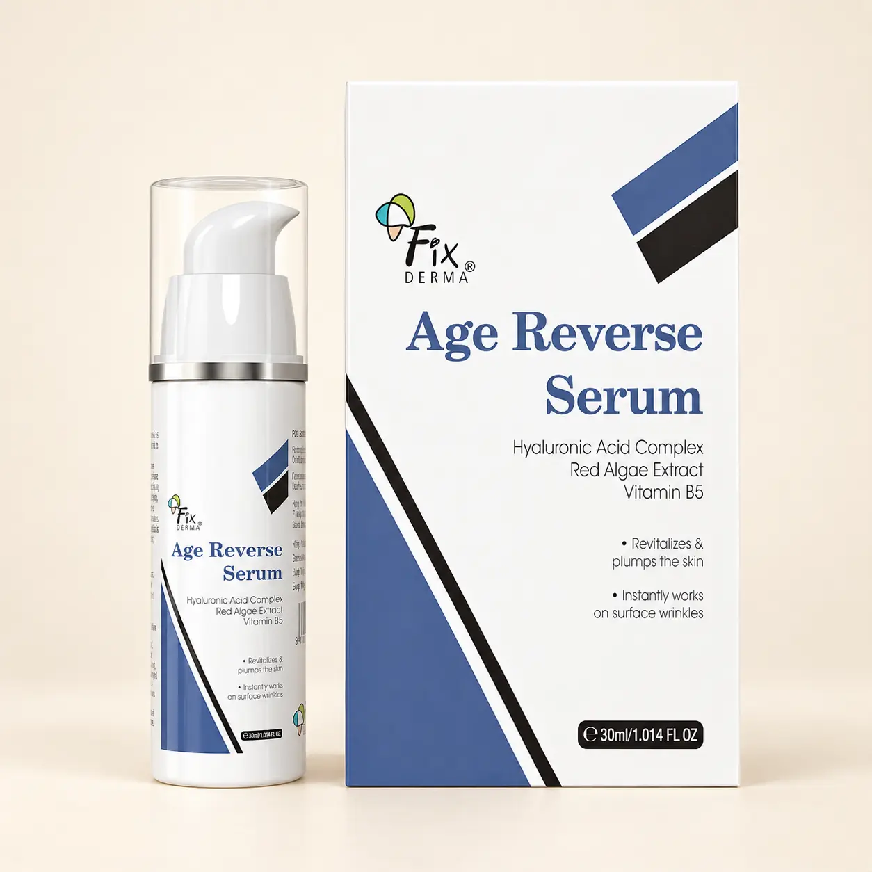 Fixderma Age Reverse Serum 30ml pump bottle beside its blue and white carton