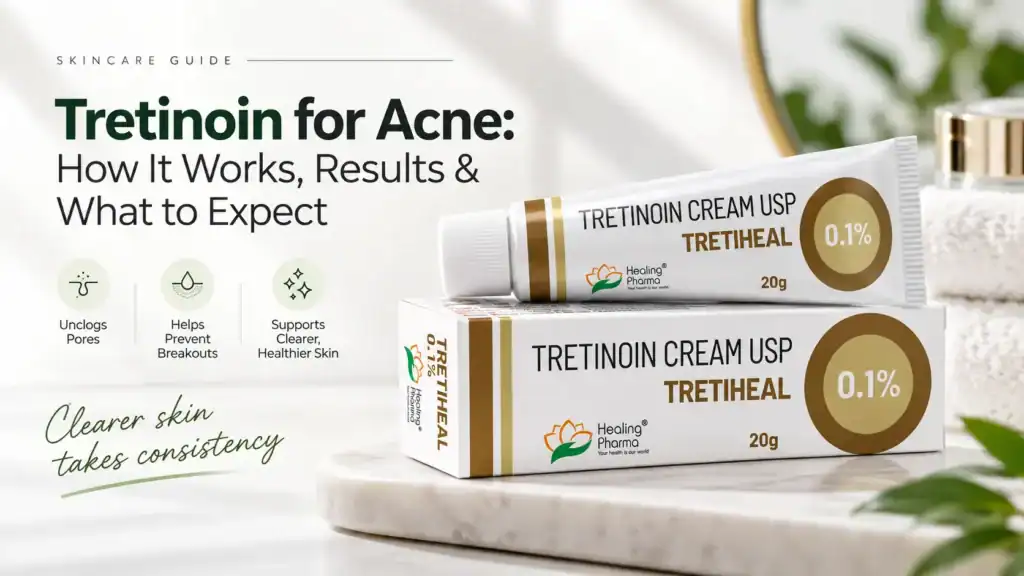 Tretinoin cream tube for acne treatment on a clean skincare background