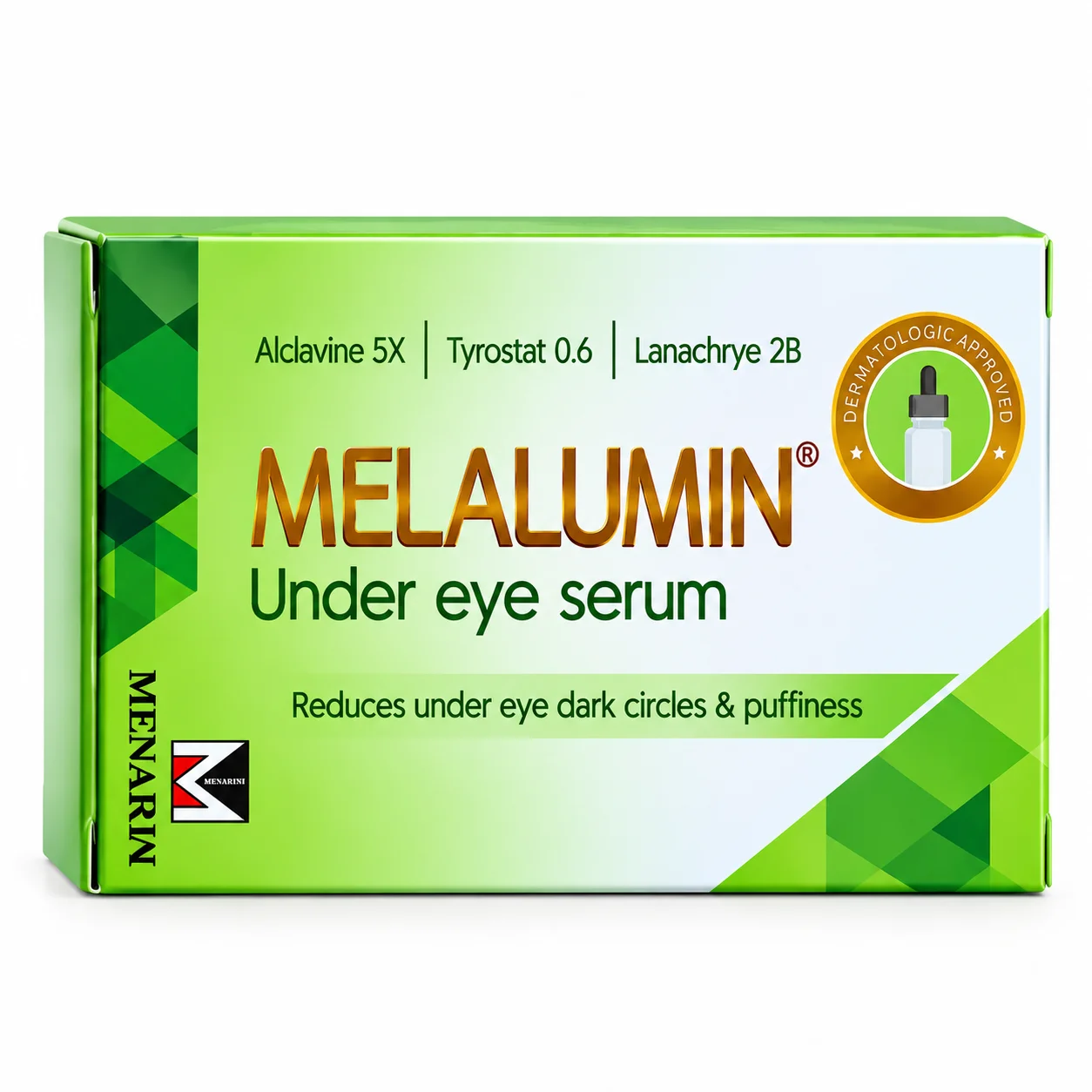 Melalumin Under Eye Serum box by Menarini in green and white packaging